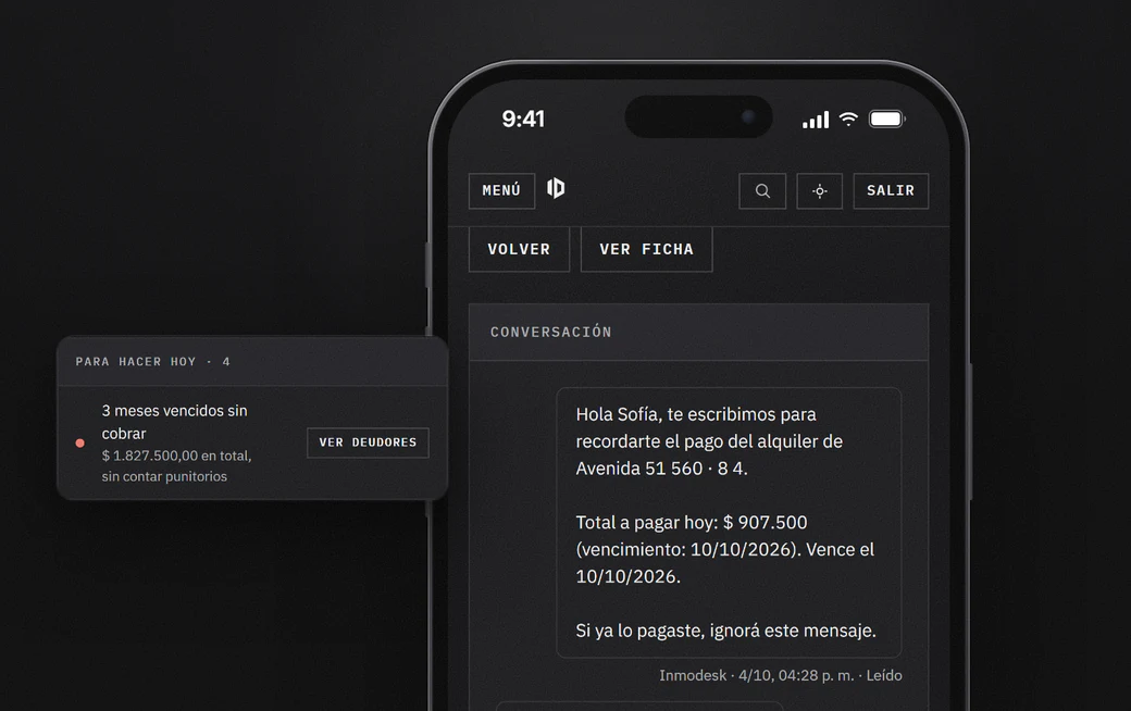 Inmodesk en el celular: el recordatorio de pago por WhatsApp al inquilino, y al costado lo que hay que hacer hoy. Datos de demostración.