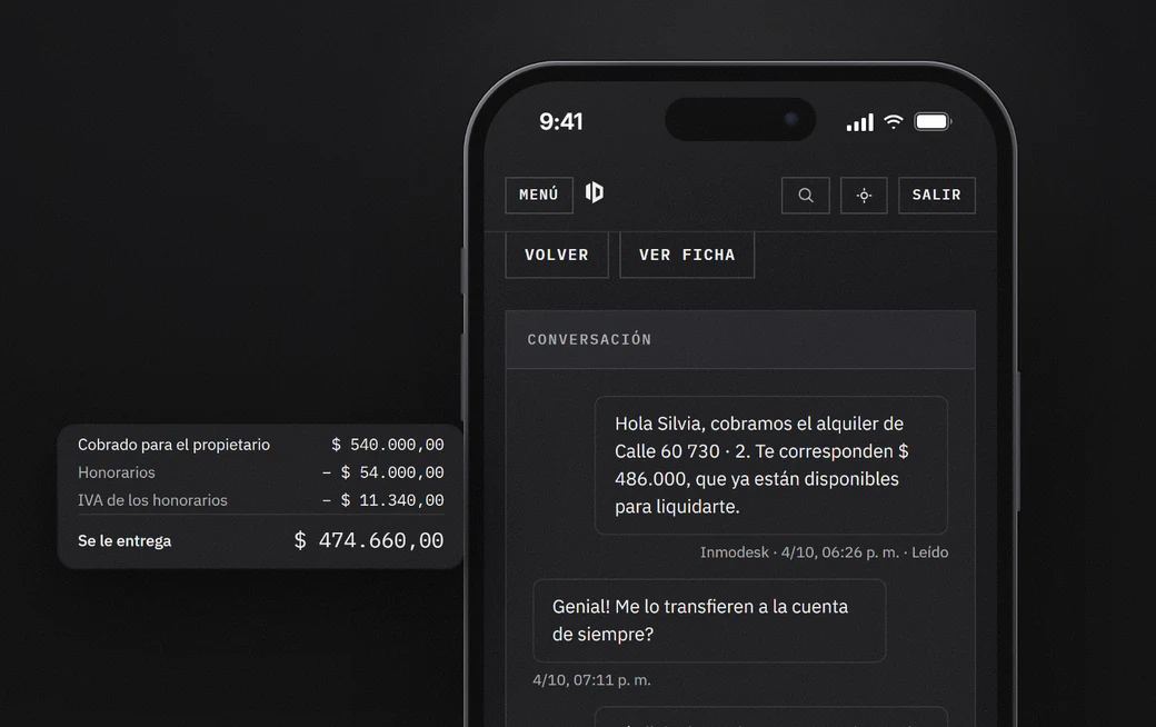 Inmodesk en el celular: el aviso al propietario por WhatsApp, y al costado lo que se le entrega. Datos de demostración.